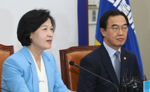 더불어민주당 지도부가 30일 조명균 통일부 장관으로부터 4·27 남북정상회담 결과를 보고받았다. 사진은 추미애 대표가 인사말을 하고 있는 모습/연합뉴스